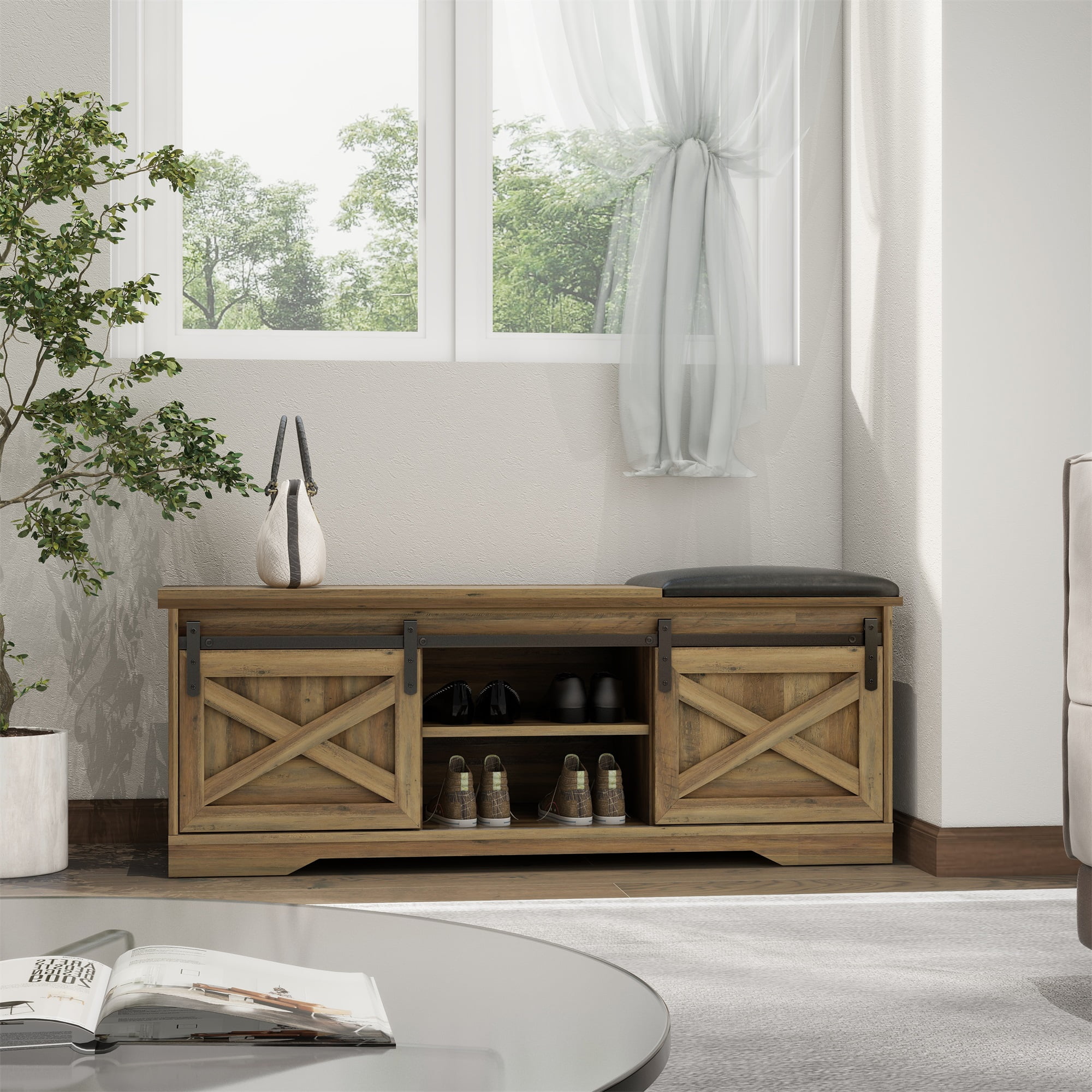 Kepooman Modern Farmhouse Sliding X Barn Door Litterbox Bench with Entry Cutout for Living Room, Light Brown Shoe Bench Kepooman Modern Farmhouse Sliding X Barn Door Litterbox Bench with Entry Cutout for Living Room, Light Brown Shoe Bench