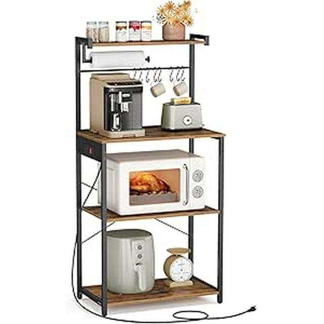 SONGMICS HOME Kitchen Bakers Rack with Power Outlet, Coffee Bar 4-Tier with 8 S Hooks, Microwave Stand, Adjustable Shelf, for Small Spaces, Rustic Brown and Ink Black UKKS014K01
