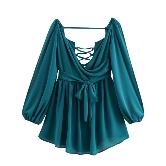 Zpanxa Dresses for Women, Lantern Sleeve V Neck Tie Waist Flowy Mini with Crisscross Lace Up Detail