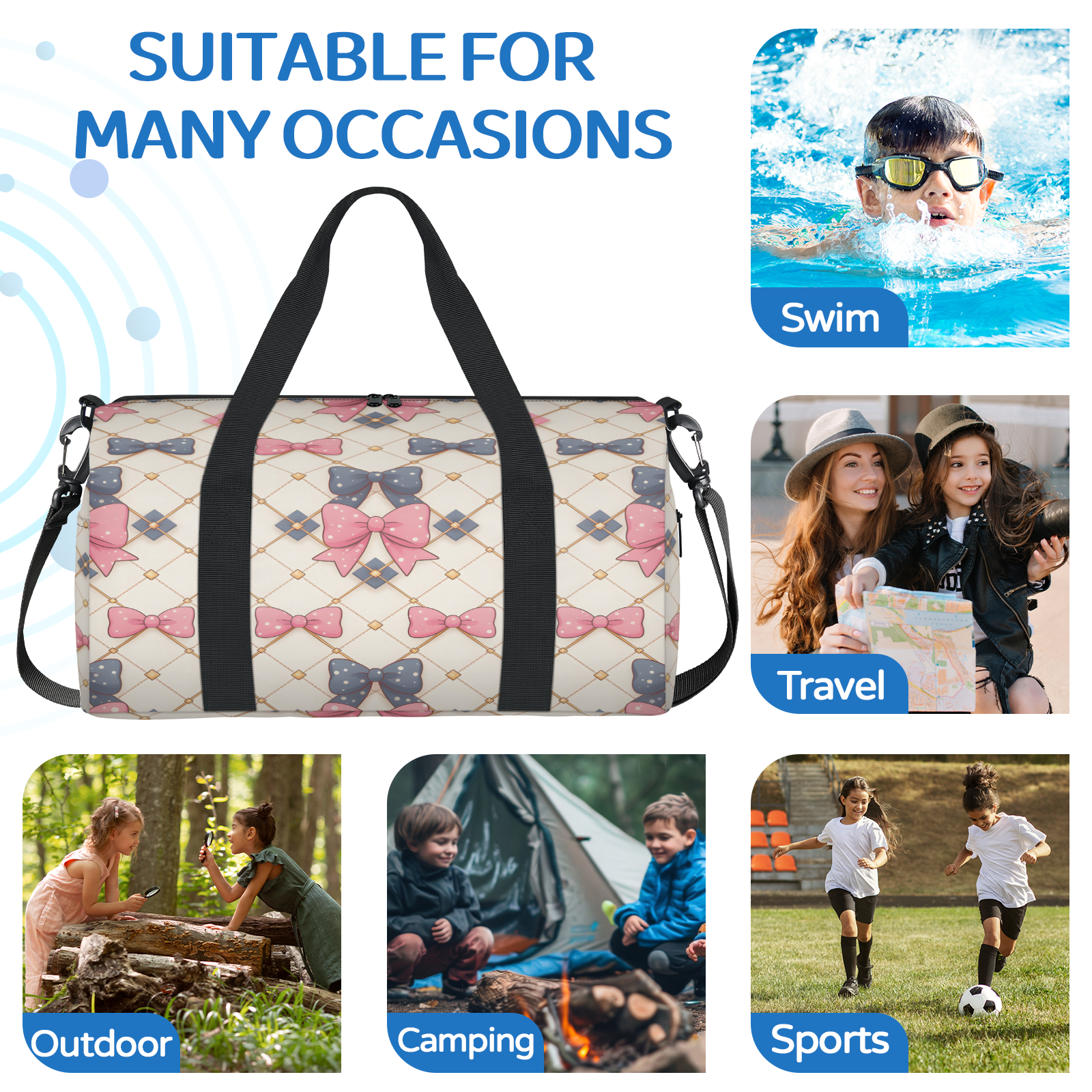 Herdesigns Boho Bow Gym Bag for Women, Duffle Bag for Travel Sport, Lightweight Waterproof Carry on Weekender Dance Yoga Workout Bags