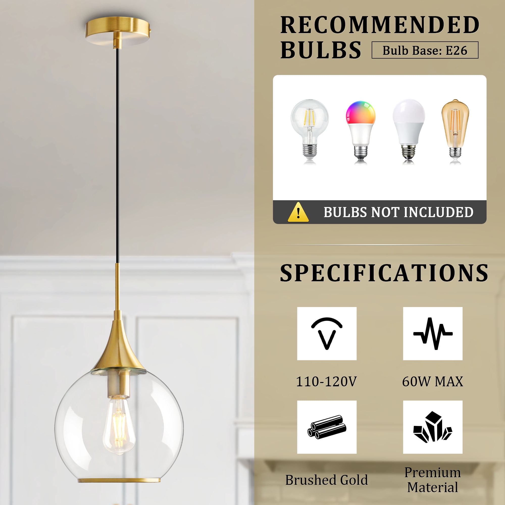 KAISITE Modern Pendant Light Fixture Dimmable Kitchen Island Hanging Ceiling Lights with Glass Shade-Gold