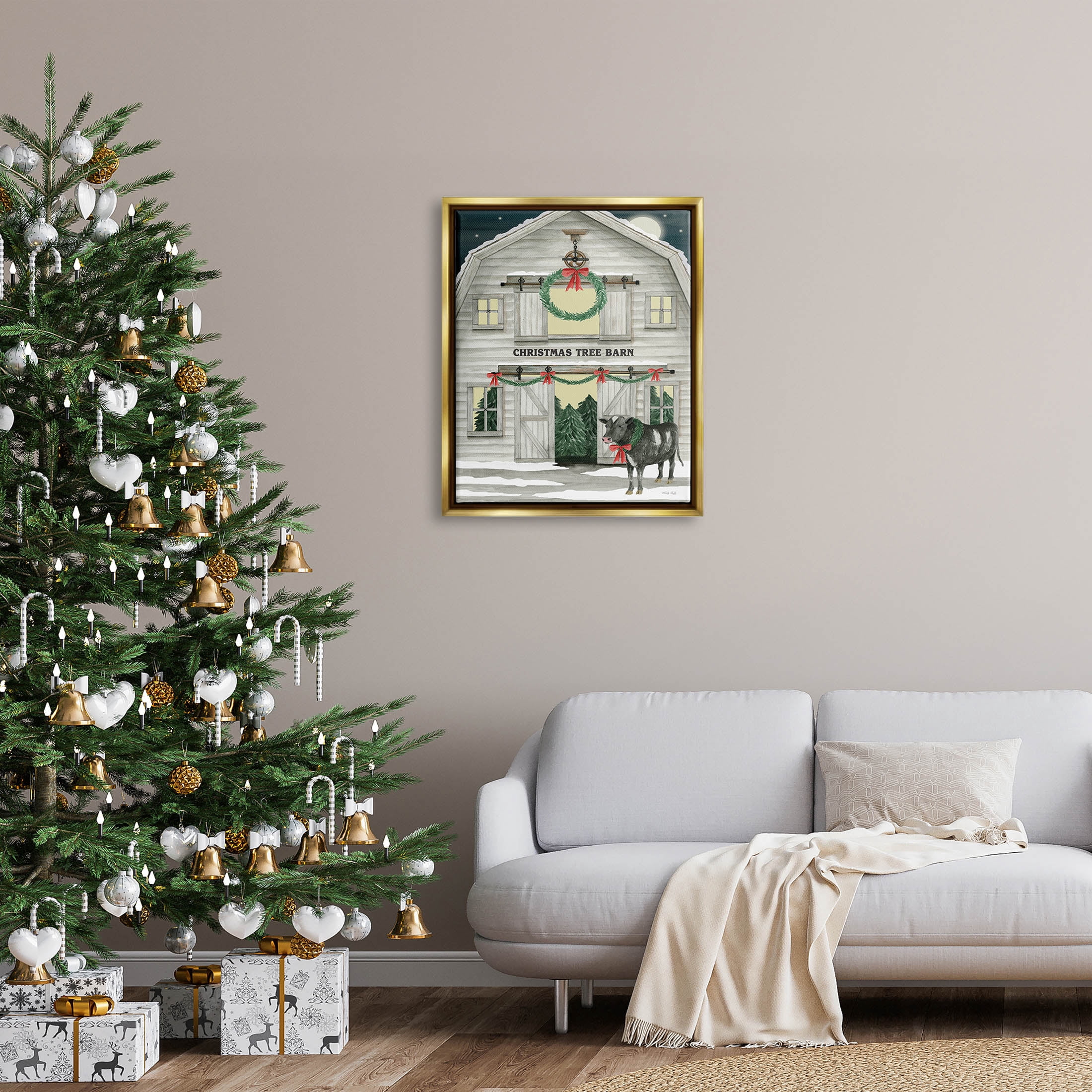 Christmas Tree Barn Rural Countryside Holiday Graphic Art Metallic Gold Framed Art Print Wall Art