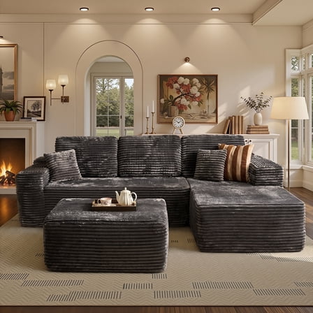 Ovios 106" Cloud Sofa Couch No Assembly Boneless Deep Seat Sofa with Ottoman for Living Room, Gray (Plush Corduroy)