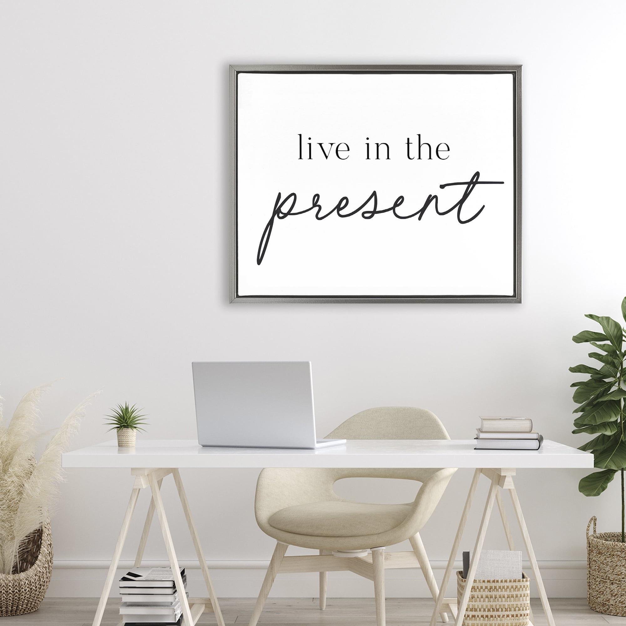 Live In The Present Gray Framed Floater Canvas Wall Art, design by Lettered and Lined