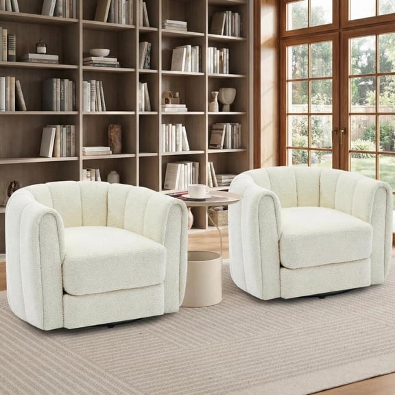 Set of 2 360掳 Swivel Barrel Accent Chairs, Teddy Fabric Upholstered Lounge Chairs with Striped Backrest & Plush Padding, Modern Round Armchair for Living Room Bedroom, Beige