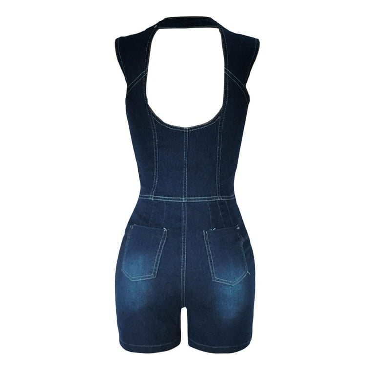 Quealent Women s Dressy Pant Suits Cut Out Denim Romper Jumpsuit for Women Long Sleeve Denim Women Pants Blue L