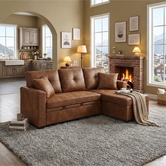 Noble House Sleeper Sectional Sofa with Pull-Out Bed, Reversible Storage Chaise, Foil Fabric, Light Brown