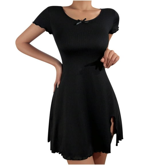 Bridal Party Pajamas Women Sleepwear Gowns Dress Lace Short Sleeve Nightgown Cute Sleepwear Side Split Nighty Nightgown Womens Silk Pajamas Set Black M