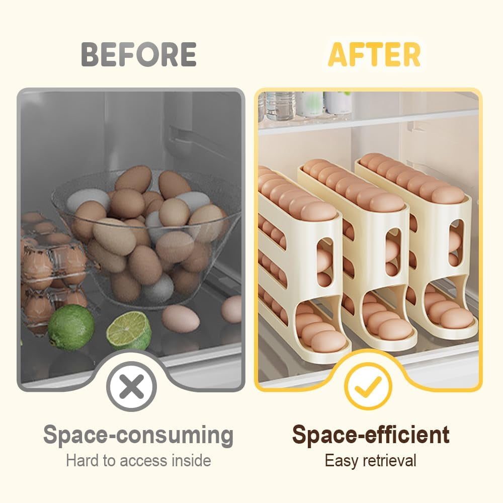Egg Holder for Fridge, 2026 New Auto Rolling Fridge Egg Organizer, Egg Dispenser for Refrigerator, 4 Tiers Fridge Egg Rack for Refrigerator, Large Capacity/Holds 30 Eggs (Beige)