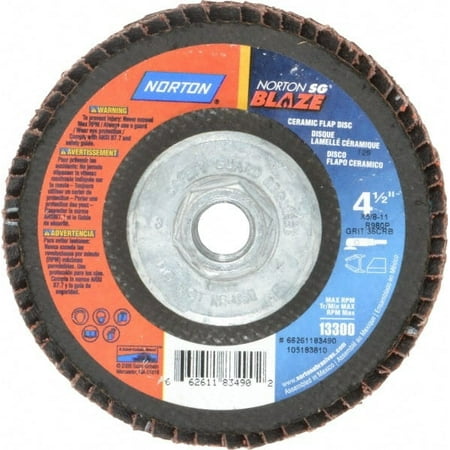

Norton 4-1/2 36 Grit 5/8-11 Center Hole Type 29 Ceramic Flap Disc Very Coarse Grade Coated Arbor Attachment Fiberglass Backing 13 000 RPM