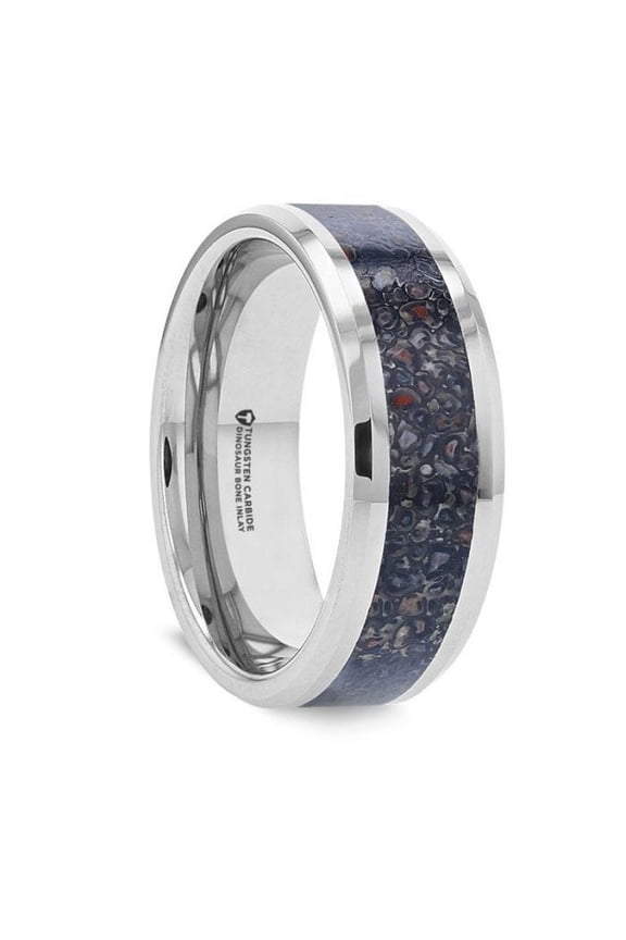 DRACARYS Tungsten Ring Black Dinosaur Inlay with Polished Bevel Edges - 8mm