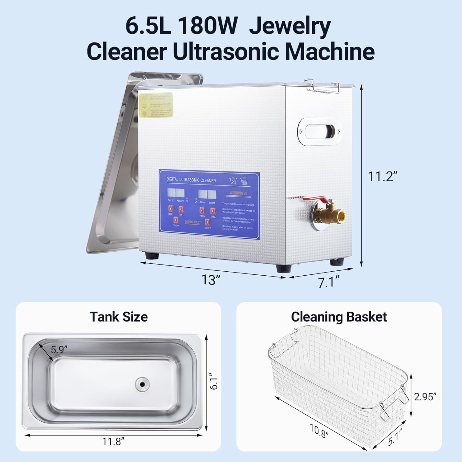 Garvee 6.5L/1.72Gal Industrial Ultrasonic Cleaner 180W 40kHz - Commercial Heated Cleaning Machine with Digital Timer, for Watches, Eyeglasses, Jewelry, Dental Tools & Electronics