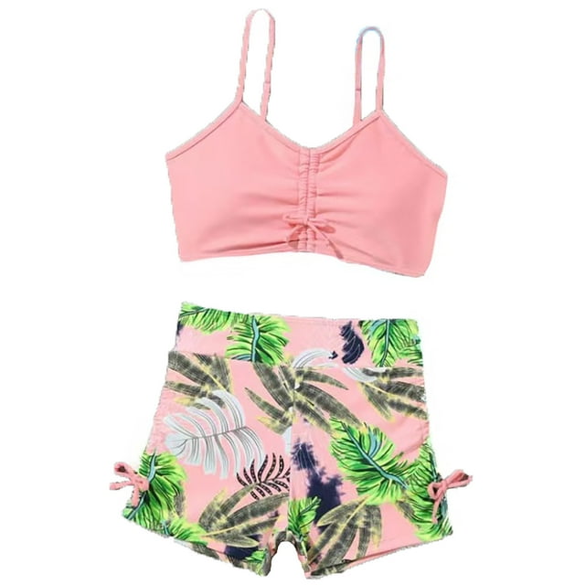 Luvoko Maillot de Bain 2 Pcs pour Tout-Petits Filles Manches Courtes, Robes Longues Manches Courtes Shorts de Bain Femmes Maillot Dermoprotecteur Long Maillot de Bain Iridescent Col Rond Maillot de Bain Période (Rose, 7-8 Ans)