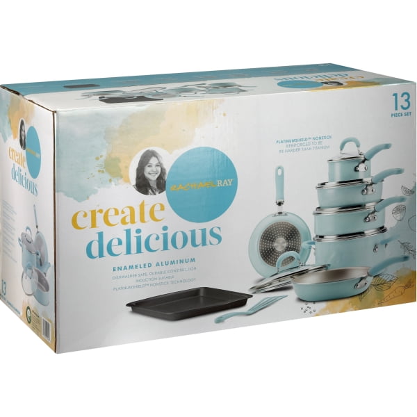 Amazon Com Rachael Ray 15 Piece Hard Enamel Nonstick Cookware Set Marine Blue Kitchen Dining