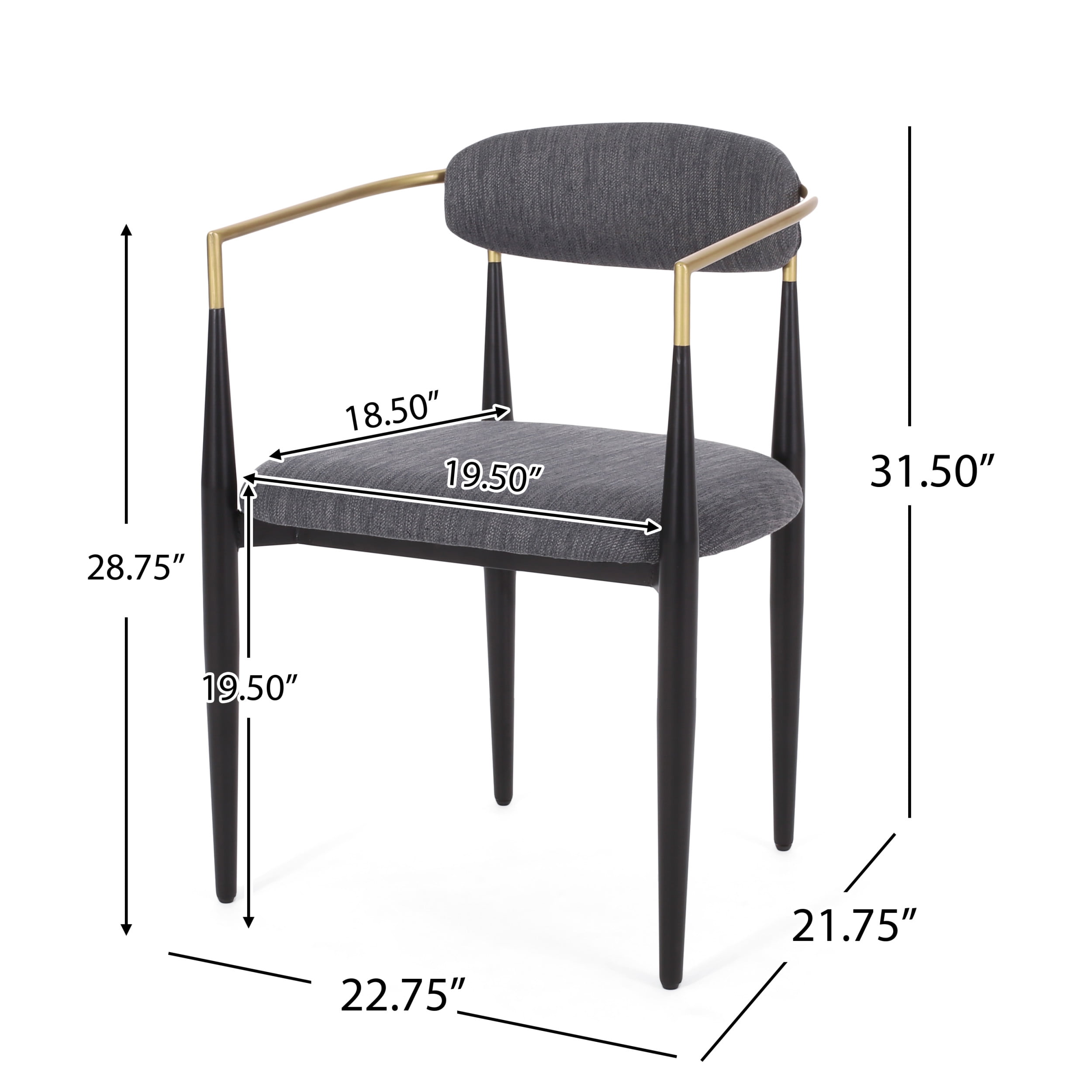 Noble House Boise Fabric Upholstered Metal Dining Chairs, Set of 2, Charcoal, Black, and Gold