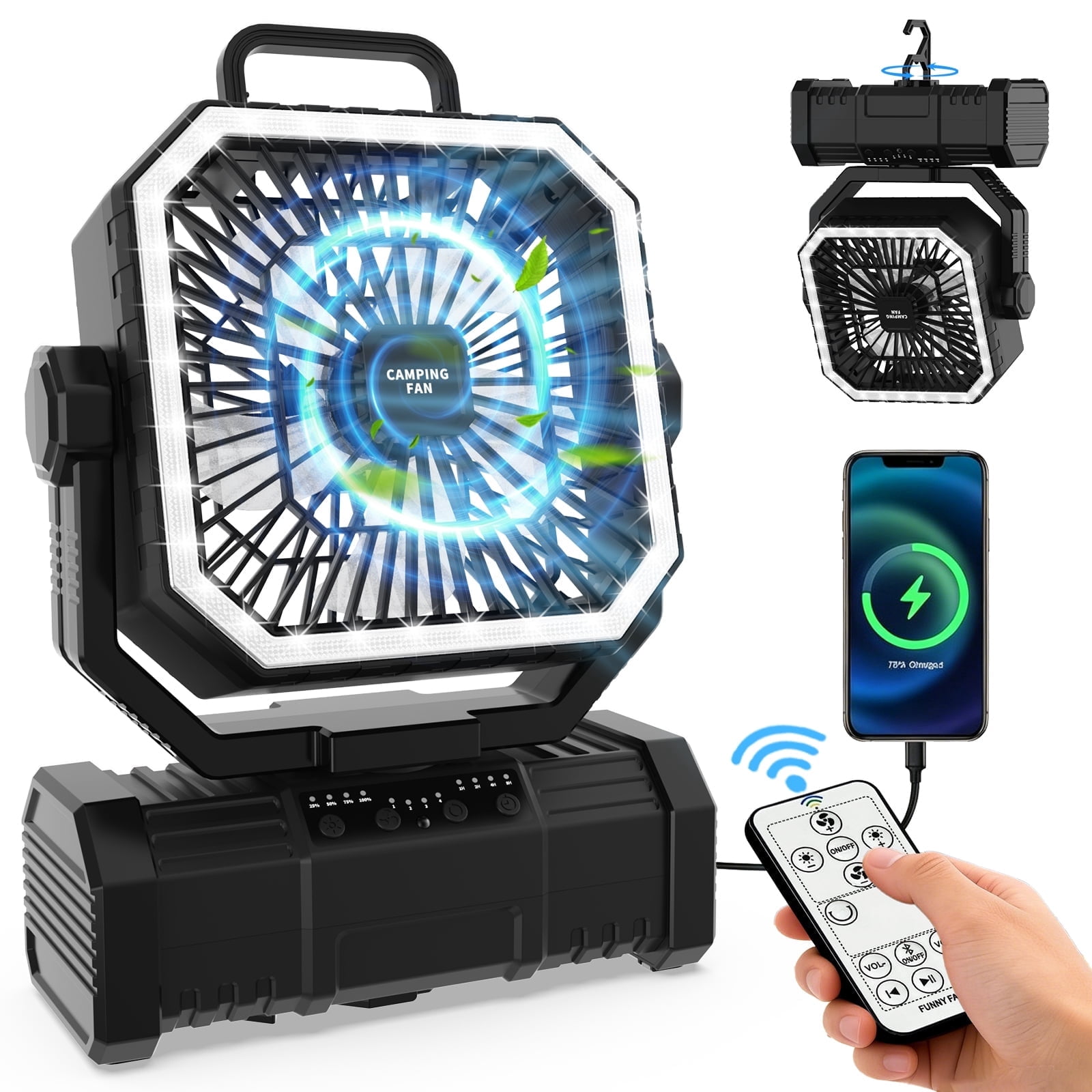 SuperRGB Portable Camping Fan, 20000mAh Rechargeable Battery Operated Fan with LED Light & Remote, 4 Speeds, Timer & Hanging Hook for Tent, Outdoor, Travel, Emergency, Black