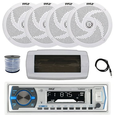 Pyle PLMRB29W Single DIN Bluetooth Marine MP3 AM/FM Stereo Receiver with White Cover, 22" Radio Antenna, Wire, 4x 6'' 240 Watt Max  2-Way Boat Audio Speakers (White)