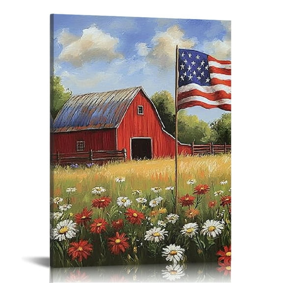 GooTPa 4th of July Patriotic Canvas Wall Art, American Flag Rural Farm Landscape Canvas Prints Wall Art for Living Room Bathroom Bedroom Office, Art Print Painting for Home Decorations - 12x16in