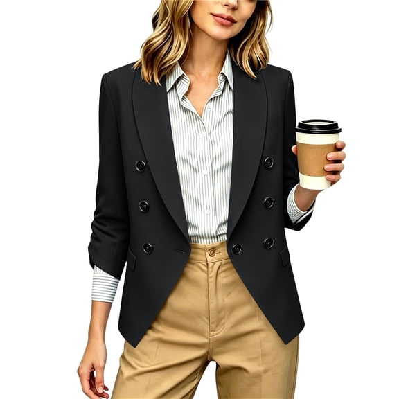 successthop 3/4 Sleeve Blazer Womens Lapel Suit Jacket Button Down Plus Size Solid Business Blazers with Pockets Black
