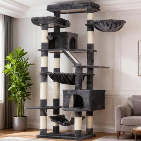 Cat Tree 71-Inch-Tall Tower for Indoor Cats with 2 Perches 2 Big Condos 2 Hammocks Basket Scratching Pad Large Cat Furniture and Condo Smoky Gray HCT034G