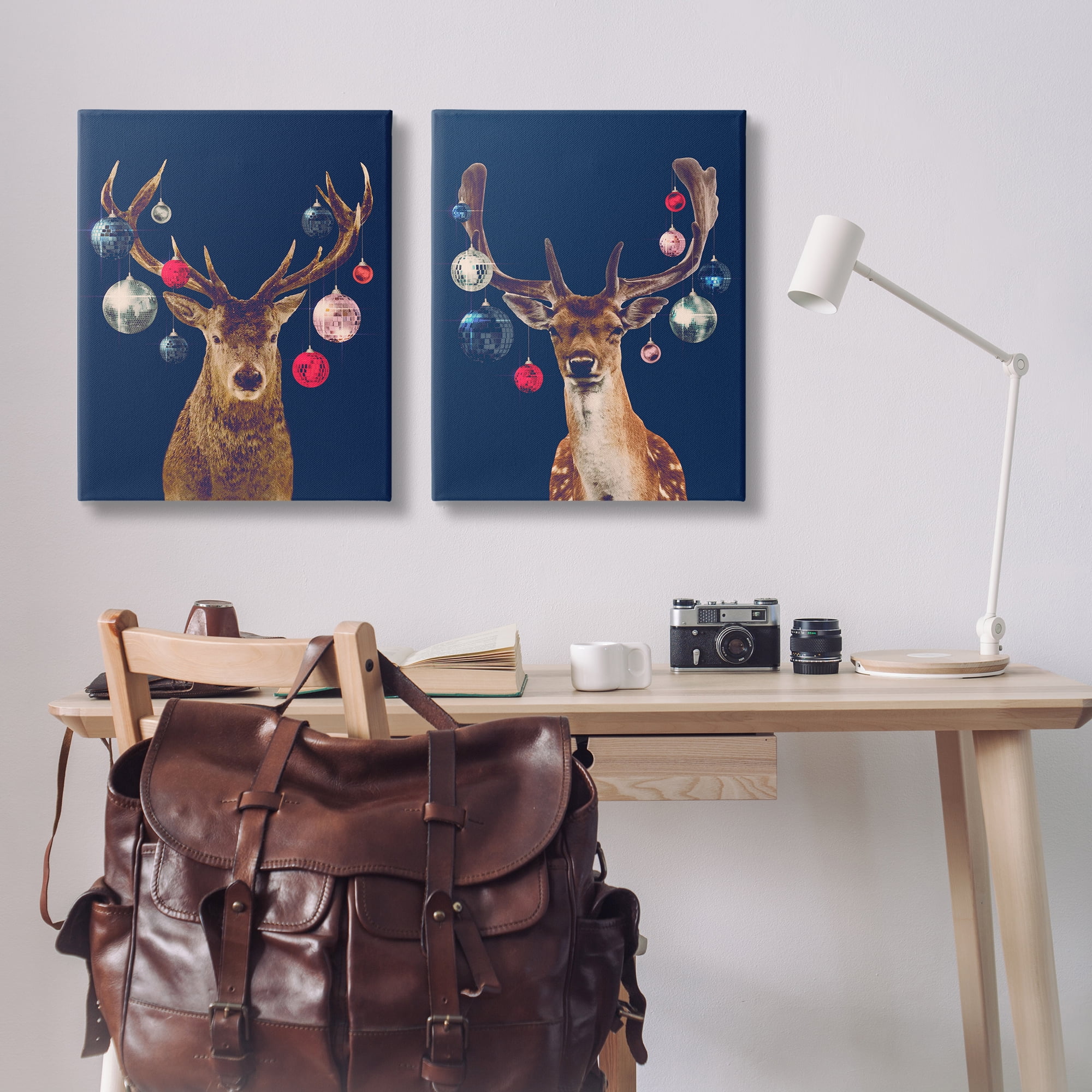Stupell Industries Navy Brown Disco Deer Holiday Painting Wrapped Canvas Art Print Wall Art, 24 x 30, Set of 2