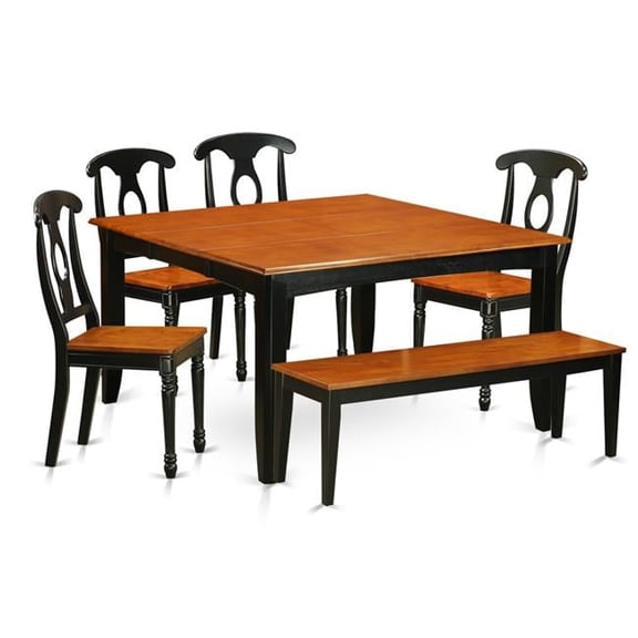 Wood Seat Dining Room Table Set with Table & 4 Solid Wood Chairs Plus One Bench, Black & Cherry - 6 Piece