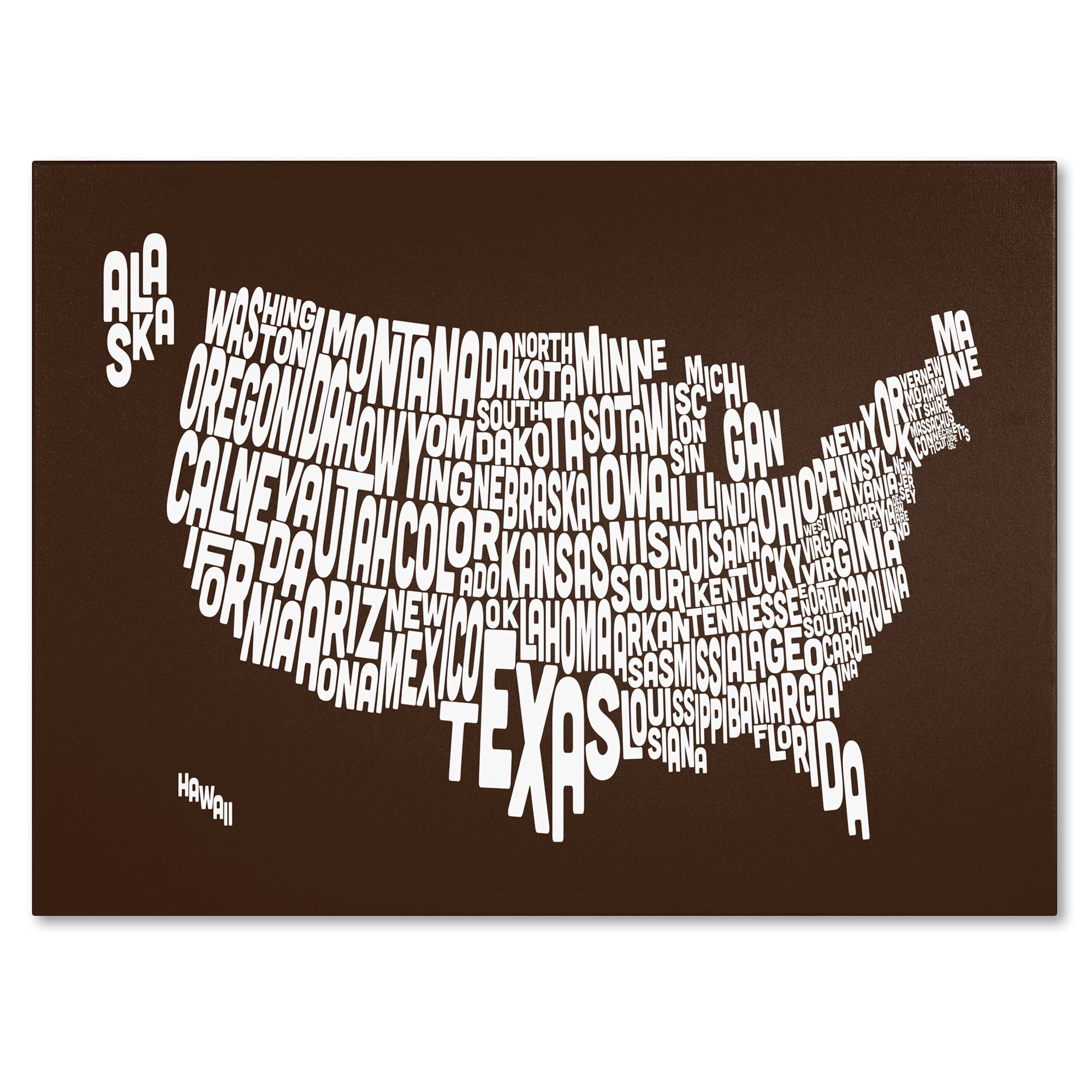 Trademark Art 'CHOCOLATE-USA States Text Map' Canvas Art by Michael Tompsett