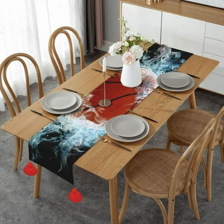 

Abstract Basketball Table Runner Imitation Linen Table Runner With Red Tassels For Party And Dining Room 14 x 60