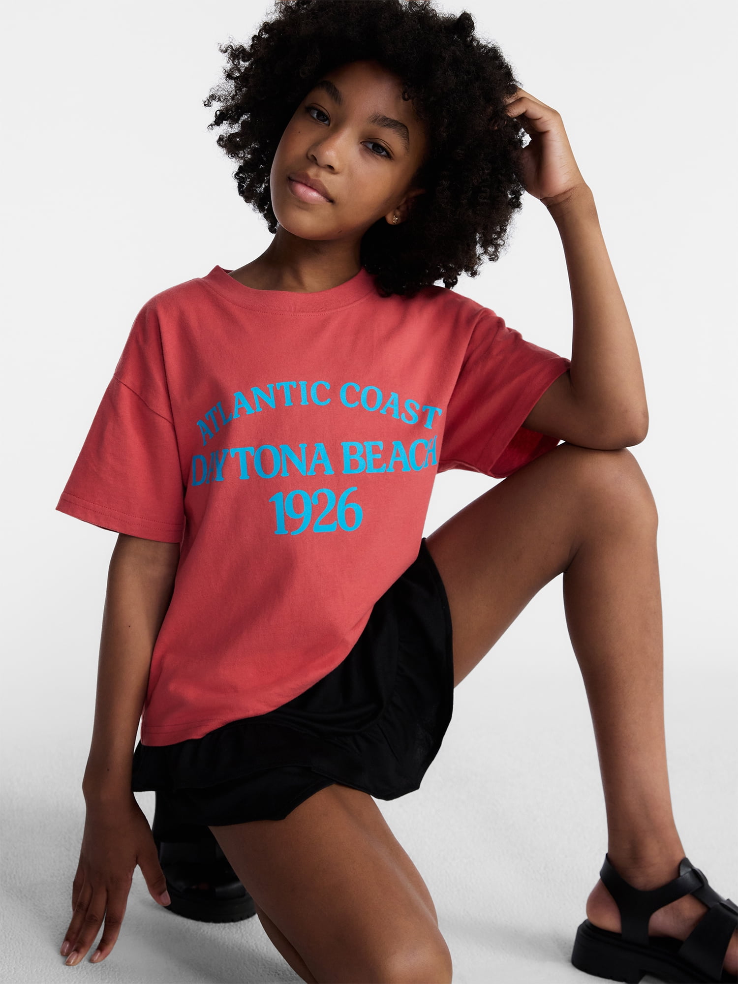 Weekend Academy Girls Oversized Graphic Cotton Tee with Short Sleeves, Sizes 4-18