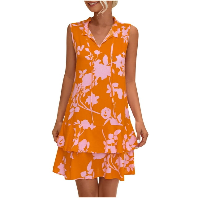 EQWLJWE Longue Robe pour Femmes Mode Été Décontractée Plissée Col en V Bandage Imprimé Floral Camis