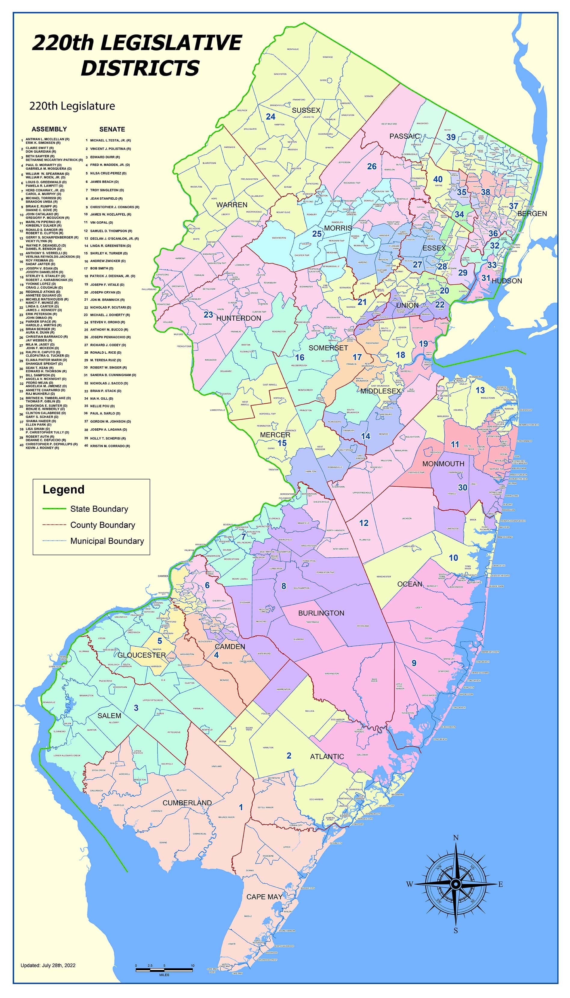 24x42in New Jersey Legislative Districts Map 2022 【Laminated】
