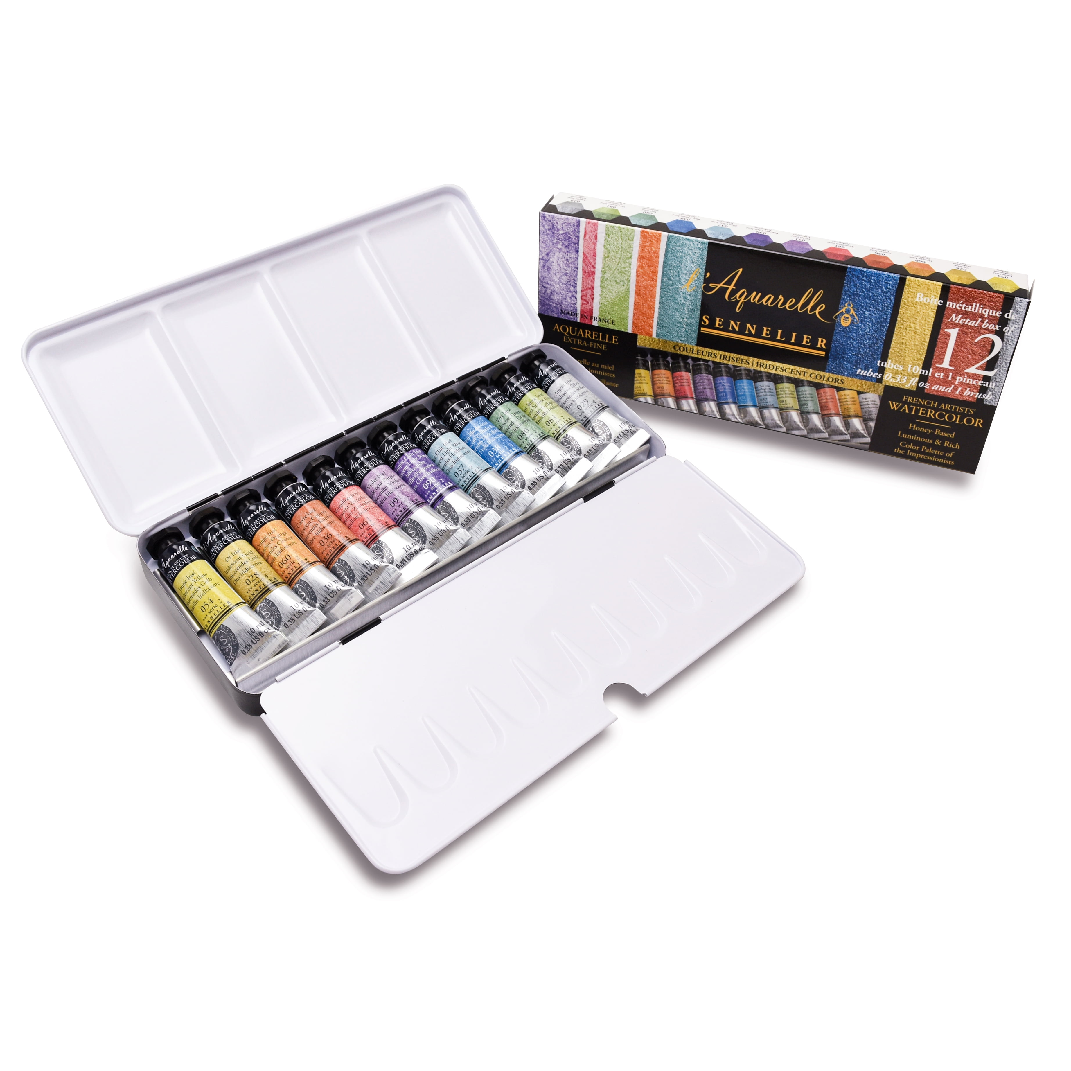 Sennelier French Artists' Watercolor Set - Set of 12, Metal Case, Iridescent, 10 ml