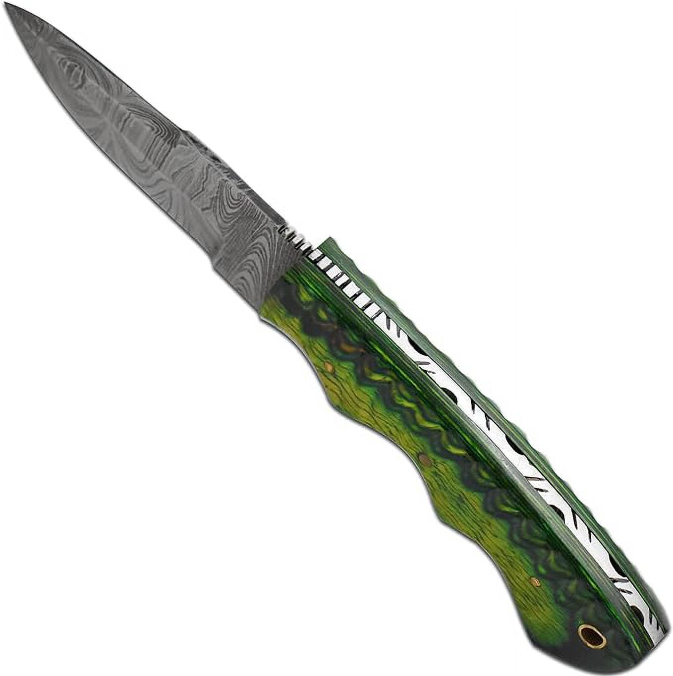 Old Ram Damascus Skinner Knife with Leather Sheath - 9" Twisted Green Wood Hunting Knife