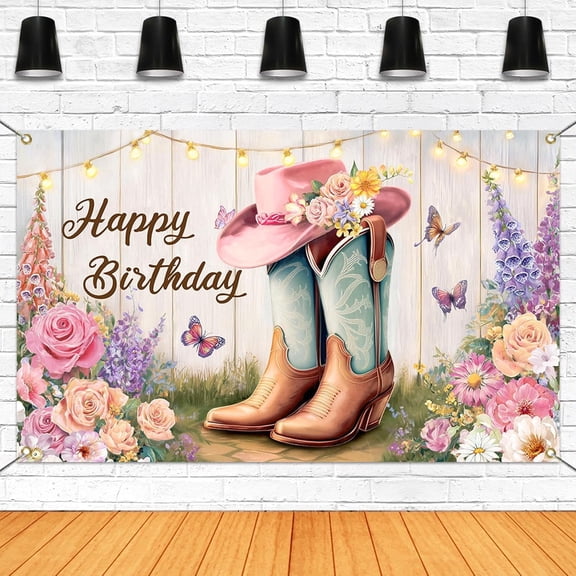 Pink Western Cowgirl Birthday Backdrop for Girls Pink Hat Boots Happy Birthday Photography Background Butterfly Flowers Rodeo Birthday Party Decorations Banner Photo Booth Props