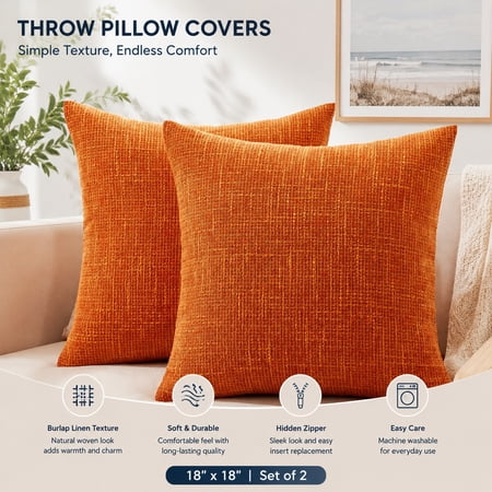 Burlap Linen Throw Pillow Covers 18x18 Inch Set of 2 Orange Decorative Pillows Modern Farmhouse Cushion Covers for Sofa Outdoor Bedroom Living Room Decor