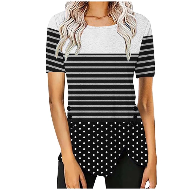 Blusas de Manga Corta para las Mujeres, Botón Impreso Casual Abajo Cuello Redondo Superior, Tela de Imitación Ligera