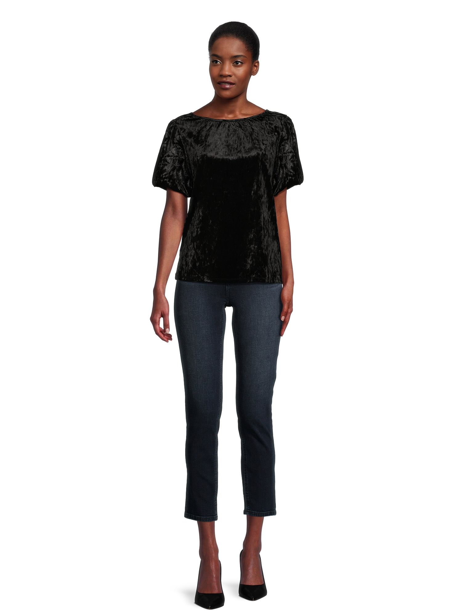 Time and Tru Women's Crushed Velvet Top with Short Sleeves, Sizes XS-XXXL