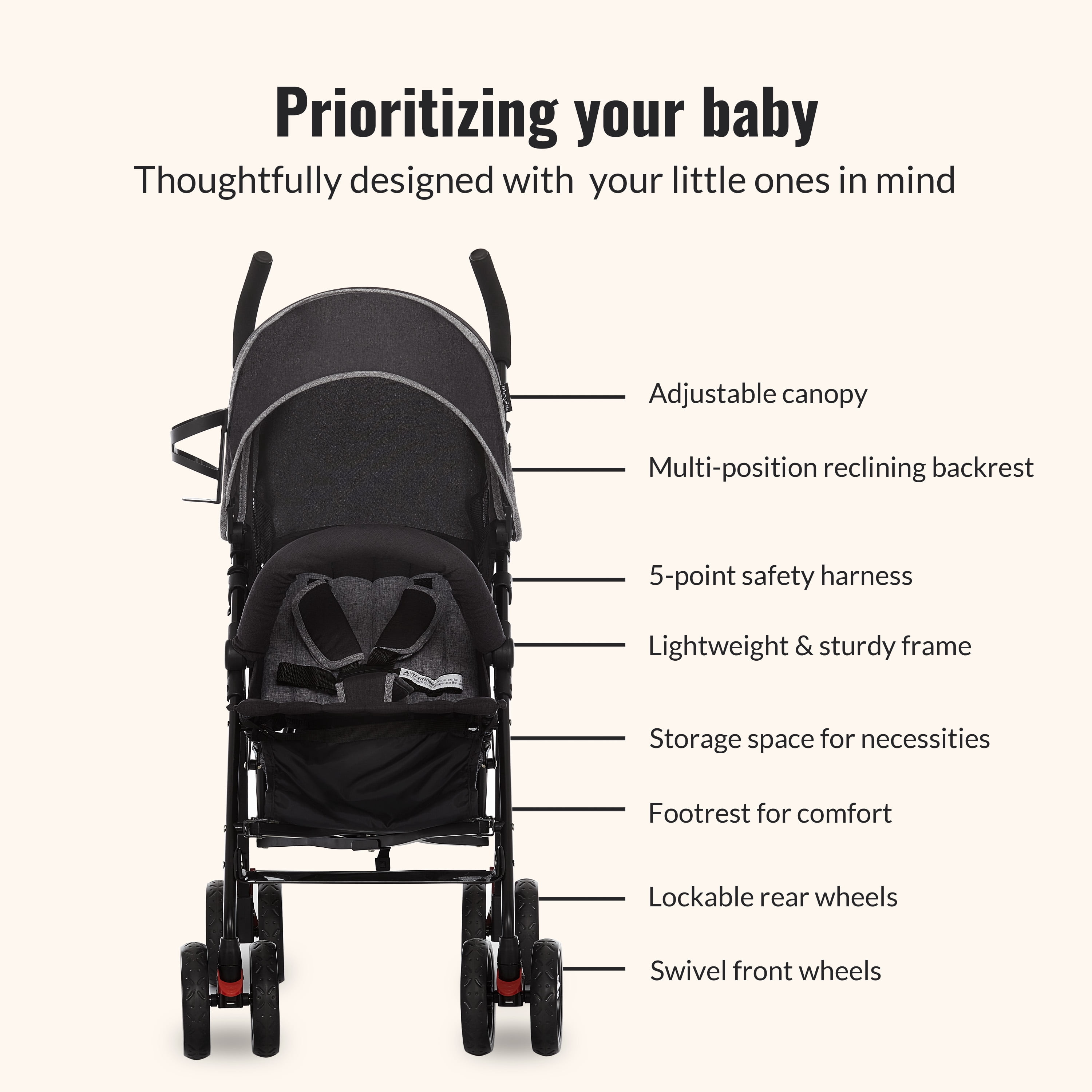 Dream On Me Vista Moonwalk Stroller | Lightweight Infant Stroller with Compact Fold | Multi-Position Recline | Canopy with Sun Visor | Perfect for Traveling and Theme Parks, Black