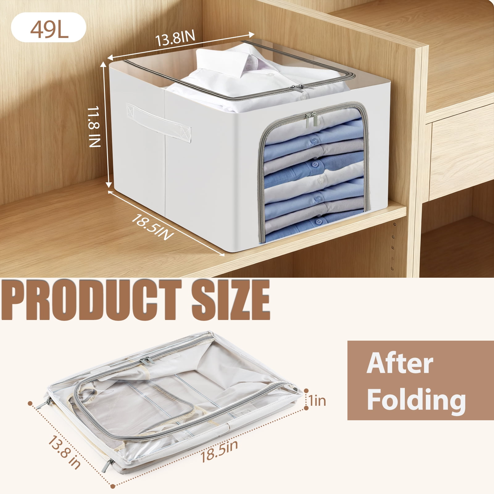 Lumikrypt 6 Pack Clothes Storage Bin with Metal Frame, 49L Large Fabric Stackable Closet Storage Bin with Lid & 2 Clear Window, Foldable Clost Organizers Containers for Clothing, Blanket, Sweater