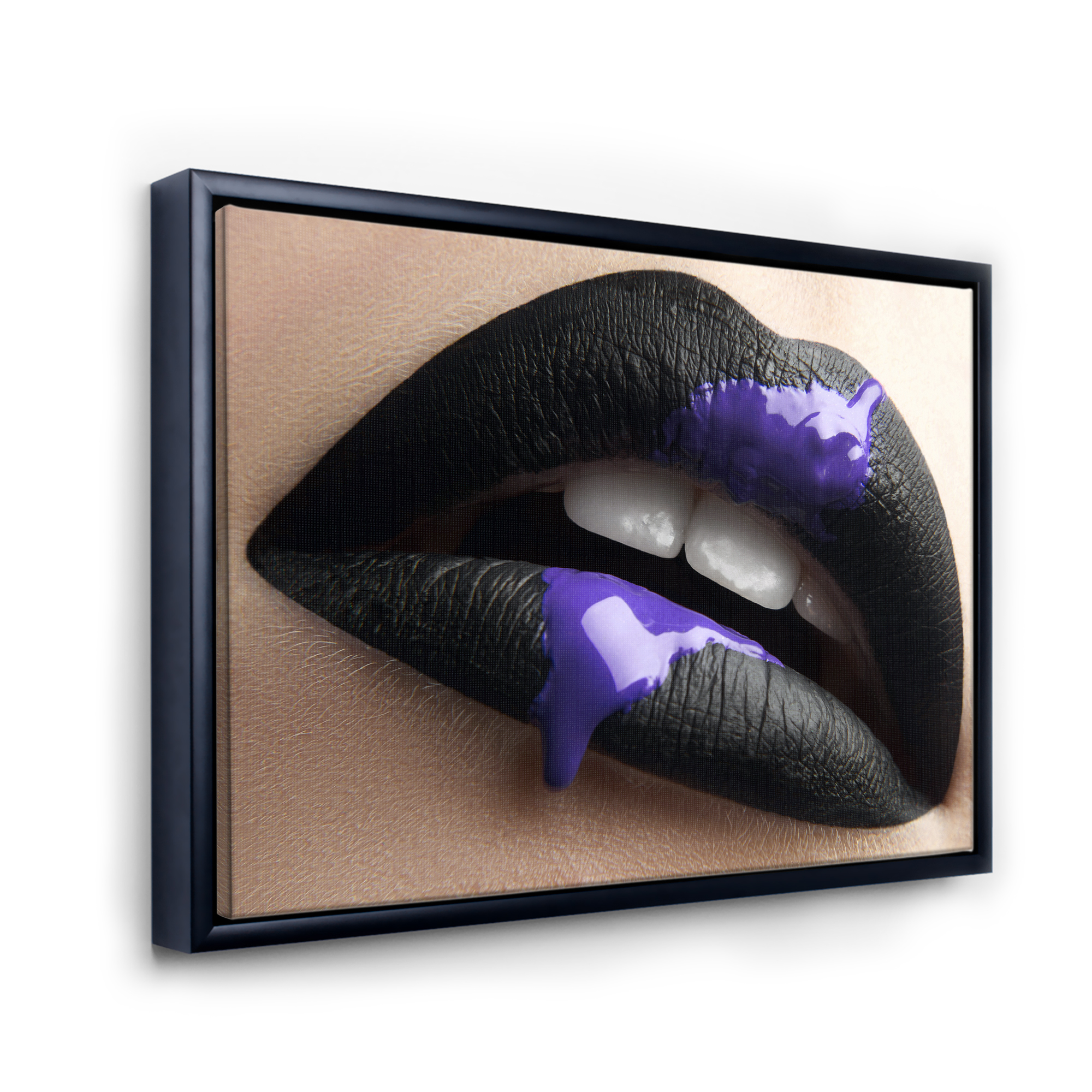 Designart 'Woman Lips With Black Lipstick & Purple Paint' Modern Framed Canvas Wall Art Print