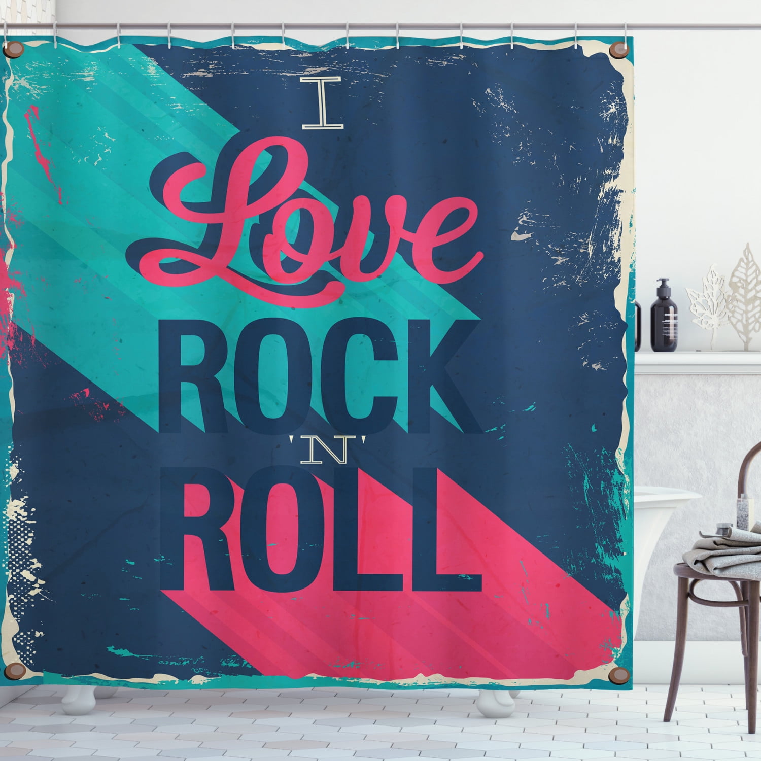 Ambesonne Rock Music Shower Curtain, I Love Rock 'n' Roll, 69"Wx84"L