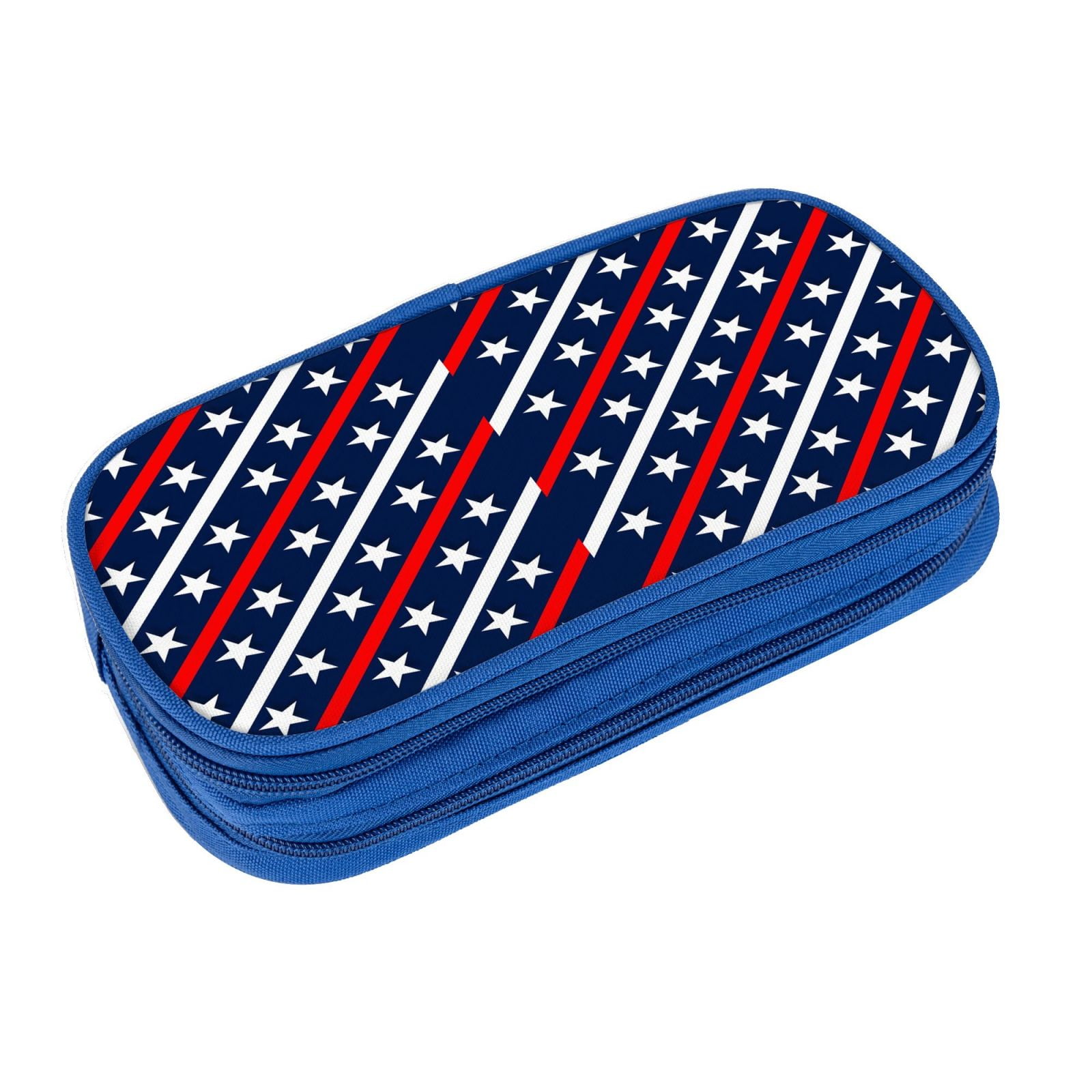 Strips Blue Compartments XMXY Capacity Pencil Zipper Stars Pencil Portable Patriotic Bags Red Case, Large with Blue White