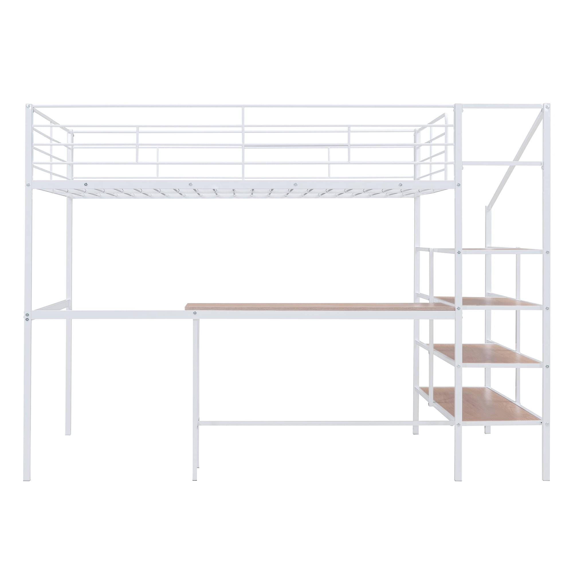 Full Size Loft Bed with Desk and Lateral Storage Ladder,Metal Loft Bed for Kids,White