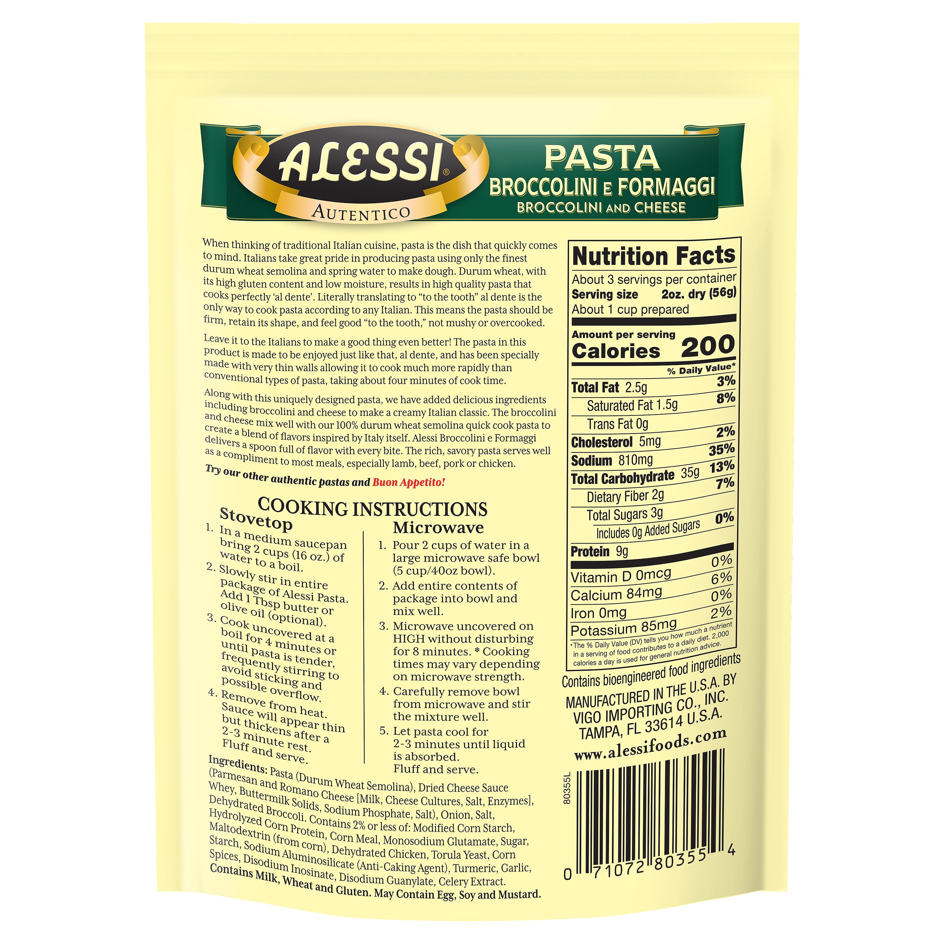 (4 pack) Alessi Pasta Broccoli e Formaggi 6.35 oz Shelf Stable