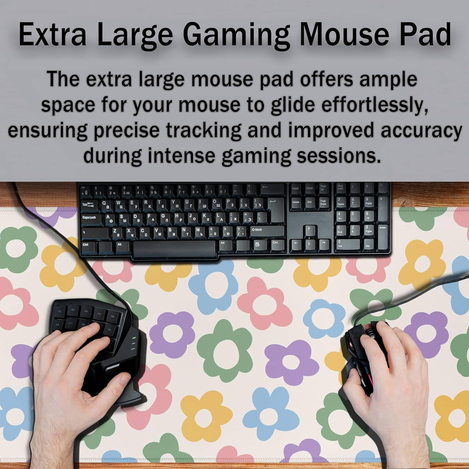Jumbo Extra Large Colorful Groovy Flowers Gaming Mouse Pad - Modern Desk Pad for Women, Non-Slip Rubber Base, Ideal for Game, Office, Home, 35.4"x15.7"