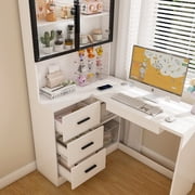 Corner L-Shaped Computer Desk With Glass Cabinets & Built-in LED Lights, USB Charging Ports & Keyboard Tray, Wooden Desk With Hutch And Drawers For Home&office.