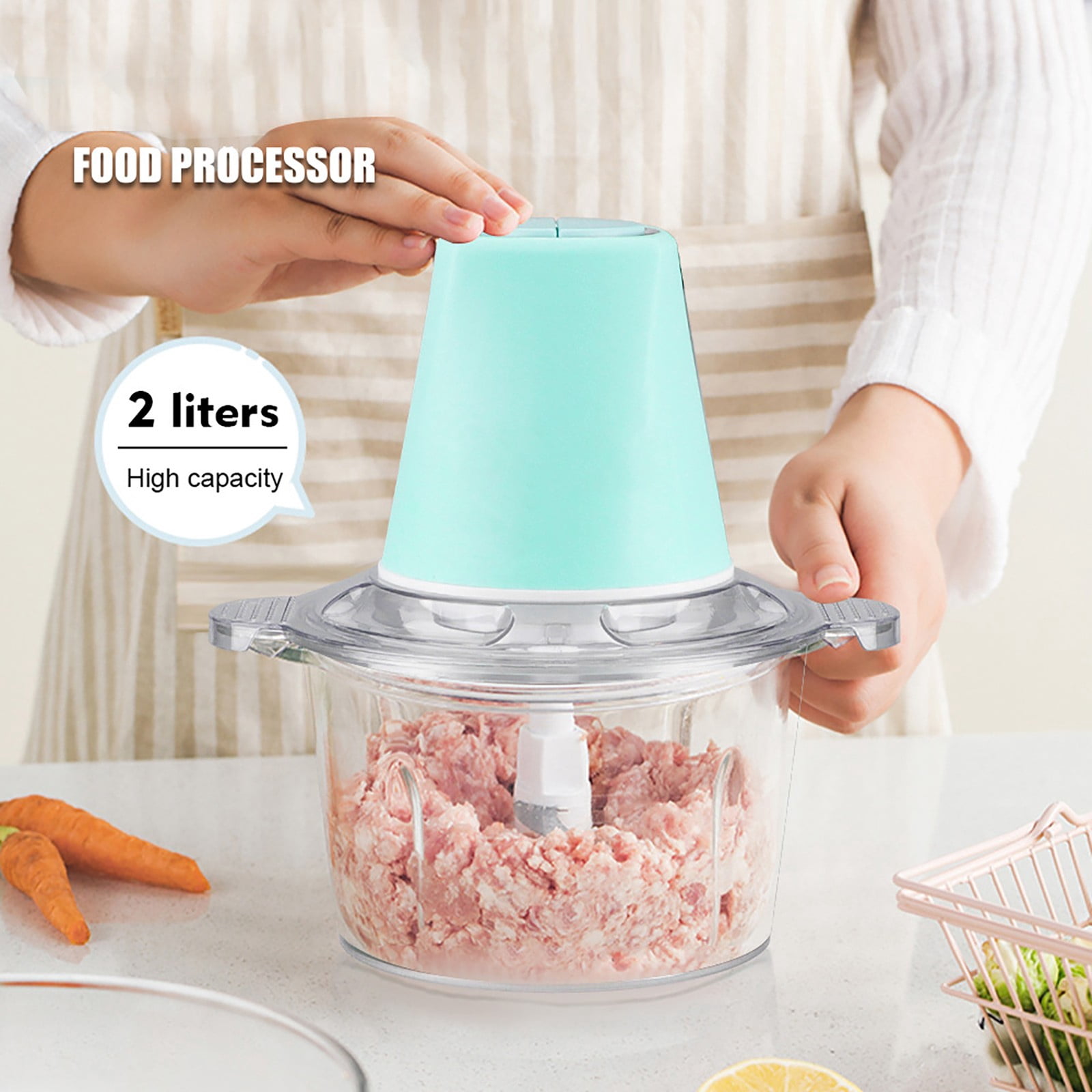 Food Processor Electric Meat Grinder 200W Food Chopper with Large Sharp Blade & Protective Case & Scraper, 2 L Capacity For Vegetable Fruit Meat Powerful Chopping Grinding, 1Pc(Clear,7.8x4.7x9.4")