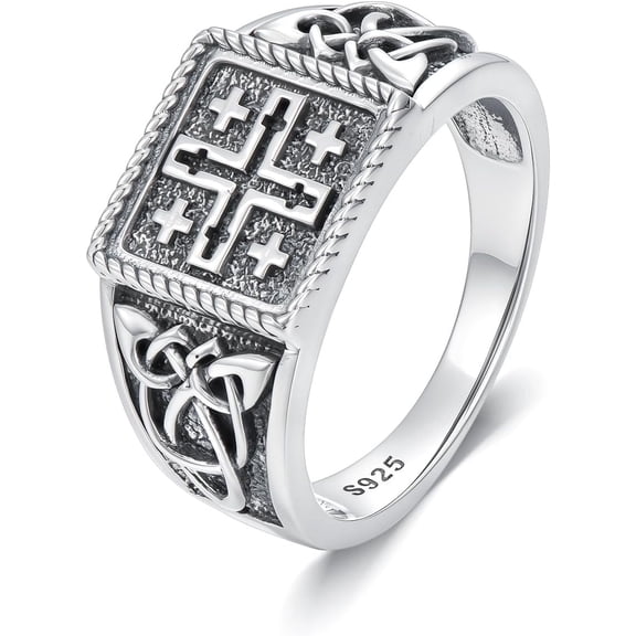 DVEATR 925 Sterling Silver Jerusalem Cross Signet Ring for Men Size 9/10/11/12/13