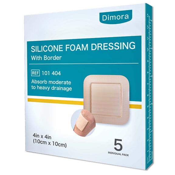 Dimora Silicone Foam Dressing with Border, Waterproof Wound Dressing, Square Breathable Silicone Bandage for Wound, 4"x4" Pack of 5