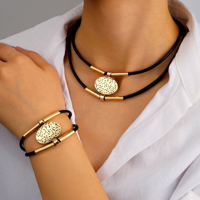 Pulseras para mujer, regalos para mujer, collar vintage bohemio de metal de doble capa, pulsera de cuerda de cera de aleación de cobre, conjunto para mujer, pulsera de aleación